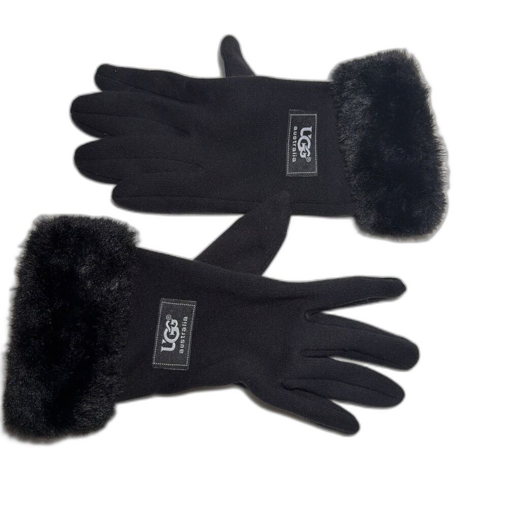 UGG Women's Black Suede Gloves w/ Faux Fur Cuffs Wrist Length Size M